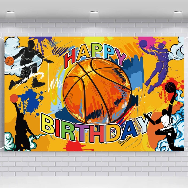 AzsVbvs Basketball Happy Birthday Banner Basketball Party Backdrop Wall Hanging Decor Photo Background for Baby Shower Birthday Party Supplies Indoor/Outdoor (70"" X 45"") - Image 1